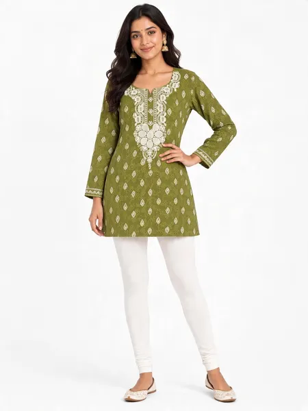 ET Amelia Olive Green Cotton Embroidered Short Kurta